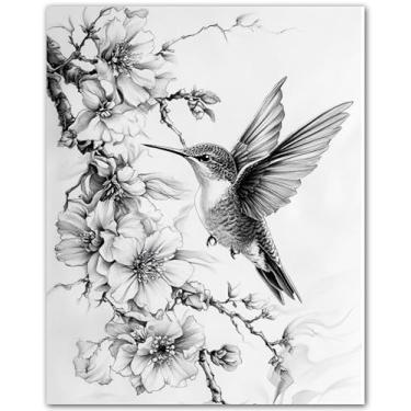 Imagem de ZUKIY Arte de desenho de beija-flor - Impressão de arte de parede de pássaro vintage 20 x 25 - Arte em estilo moldura dourada sem moldura para quarto ou corredor - Ilustração clássica da natureza para