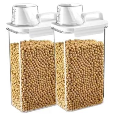 Imagem de Kit 2 Potes Herméticos Transparentes para Grãos, Sabão em Pó e Líquidos Cozinha Lavandeira com Tampa, Trava, Bico e Copo Medidor 0068 (2300 ml)