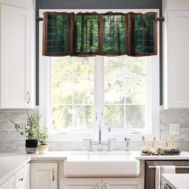 Imagem de FAOTELY Cortinas Floresta Verde Valance Janela de Madeira Árvore Verde sob o Sol Brilhante nas Montanhas Padrão Paisagem Valance para Quarto Cozinha Sala de Estar Café 137 x 45 cm
