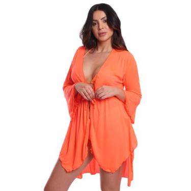 Imagem de Saída De Praia Vih Triny De Ponta Chemise Feminino Moda Verão Laranja,