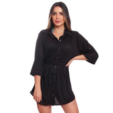 Imagem de Saída Praia Piscina Chemise Camisão Feminino Cinto Botão FMF Preto, Pr
