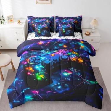 Imagem de Feelyou Jogo de cama infantil casal, com estampa de galáxia, para jogos, 7 peças, conjunto de edredom com glitter, para meninos e meninas, 7 peças