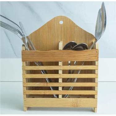 Imagem de Porta Talher em Bambu, Suporte para Utensílios de Cozinha, Design Listrado, Natural