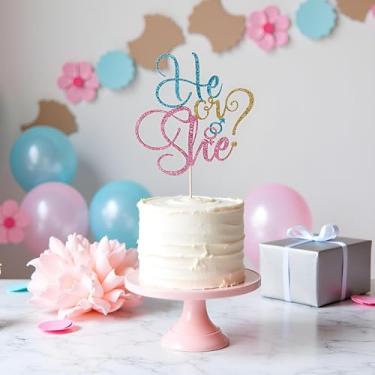 Imagem de Kaoenla Topo de bolo He Or She - Chá de bebê com glitter azul e rosa, revelação de gênero, decoração de festa de feliz aniversário para menino ou menina (azul e rosa)