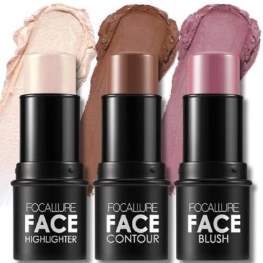 Imagem de FOCALLURE 3 palitos de contorno de creme, tons com iluminador, bronzeador e blush, caneta de contorno facial de longa duração não oleosa, fácil de esculpir o rosto e criar uma maquiagem de acabamento
