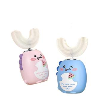 Imagem de Escova de Dentes Infantil Elétrica Automática em Formato de Dinossauro 360° com Luz LED – Rosa e Azul – Higiene Divertida para Crianças