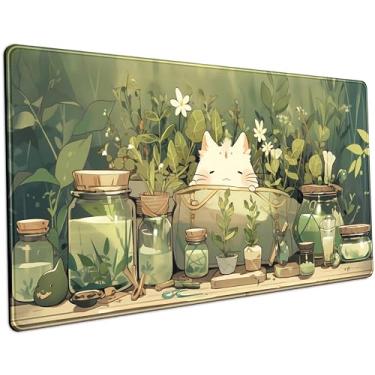 Imagem de Lindo tapete de mesa verde gato kawaii sage mouse pad gaming XXL grande tapete de mesa estendido para desktop, laptop computador teclado mouse pad para mulheres, acessórios de decoração de escritório