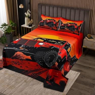 Imagem de Conjunto de colcha infantil para veículos off-road, caminhonete de aventura, esportes radicais, decoração de quarto para meninos e homens, colcha acolchoada com pôr do sol do deserto tropical,