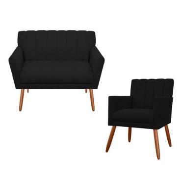 Imagem de Kit Namoradeira + 1 Poltrona Decorativa Cecília Suede Preto Pés Madeir