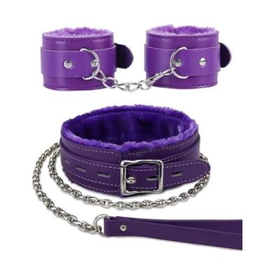 Imagem de Gargantilha gótica de couro de pelúcia com corrente removível coleira pequena para animais de estimação (roxa)