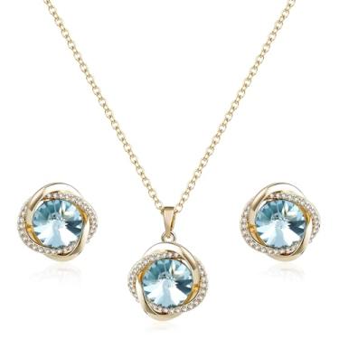 Imagem de Teppdfann Conjunto de joias de água-marinha para mulheres banhado a ouro 14K azul conjunto de colar e brincos com pedra do mês de março design de borda floral brilhante para festa noturna e festa de