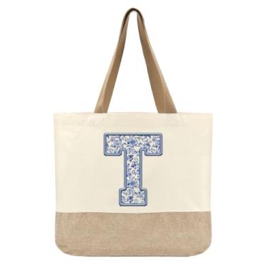 Imagem de Jeteman Sacola de lona inicial, bolsas femininas personalizadas com monograma, presente de aniversário de lua de mel para damas de honra, T, Large