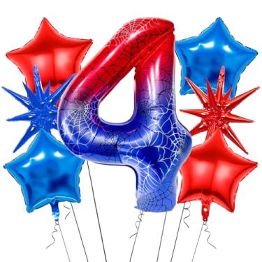 Imagem de 7Pcs 40 inch Spider Theme Number 4 Balloons, Large Red Blue 4 Balloon Number Set with Exploding Star and Star Foil Balloons for Birthdays and Spider Themed Parties