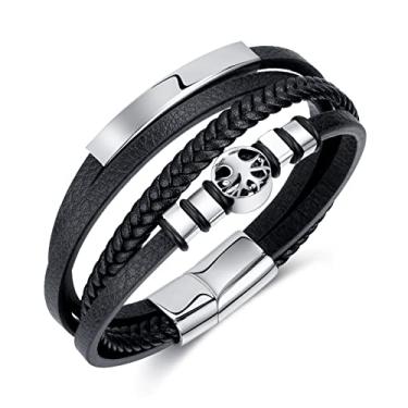 Imagem de Rockyu Pulseira masculina de couro sintético com pingente de caveira de aço inoxidável