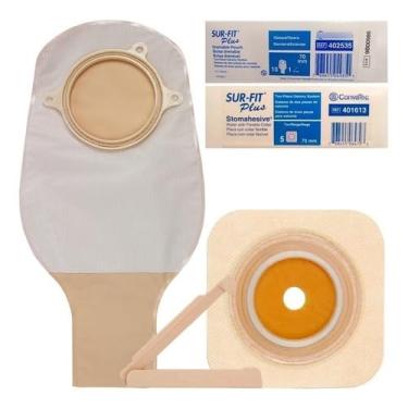 Imagem de Kit 10 Bolsas de Colostomia Surfit Plus 2 Peças Opaca Drenável 70mm Convatec + 5 Placa Surfit Plus Flexível 70mm com Micropore Convatec