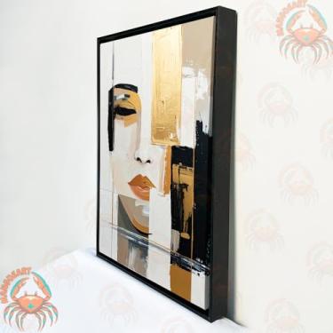 Imagem de Quadro Abstrato Horizonte Dourado Rosto– Preto, Branco e Dourado em Tela Moderna (20x30cm, moldura pret)