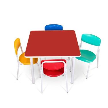Imagem de Conjunto infantil mesa vermelha MDF alt: 520mm c/ 4 cadeiras coloridas