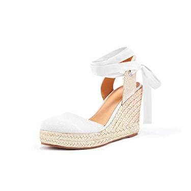 Imagem de Sandálias femininas tipo alpargata, bico fechado, com cadarço, plataforma no tornozelo, sapatos casuais de verão, Branco, 39