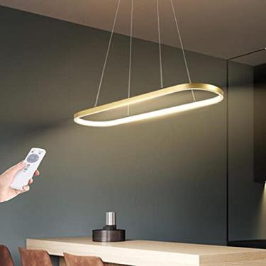 Imagem de Luminária pendente oval moderna regulável com controle remoto, lâmpada acrílica, design de anel, dourada, 60 cm, ideal para mesa de jantar, escritório, prédio, cozinha e iluminação interna