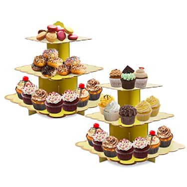 Imagem de Suporte para cupcake, 2 conjuntos de pratos quadrados de papelão para sobremesa, 3 camadas, mini bolos, frutas, doces, torre, bandeja para biscoitos, suporte para bufê de doces, suporte para bolos, suporte para cupcake, suporte para servir em camadas (amarelo)