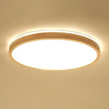 Imagem de Luminária de teto para escritório LED moderna de madeira regulável para quarto, luminária de teto para sala de estar, 50 cm, vintage, criativa, redonda, acrílica, rústica, iluminação com con