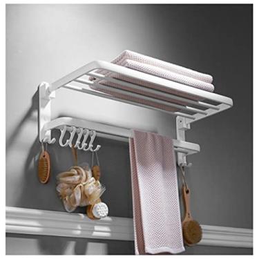 Imagem de Toalheiro toalheiro toalheiro decoração de banheiro toalheiro com 5 ganchos vintage duplo toalheiro prateleira de armazenamento barra de toalha de parede suporte de toalha/Blanc/60 * 22,5 * 18 cm