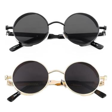 Imagem de FEISEDY Óculos de sol retrô gótico Steampunk armação redonda de metal punk inspirado em círculos escuros masculinos B1857, Pacote Z2 (ouro/cinza + preto/cinza), 1.9in