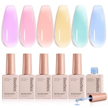 Imagem de Conjunto de esmalte de gel pastel Beetles, kit de esmalte de gel gelatinoso, 6 cores, rosa, azul, roxo, laranja, amarelo, verde, efeito translúcido, absorver, doce, UV, doce, presente para mulheres