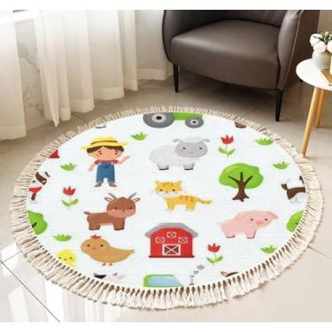 Imagem de Tapete redondo com franja infantil, estampa sem costura, animais kawaii, plantas, fazenda, boho, tapete de linho, tecido à mão, pátio, corredor, corredor, decoração de casa, sala de estar, mesa de