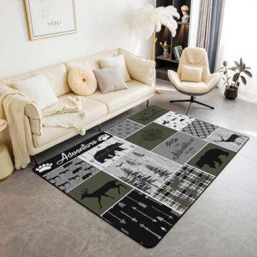 Imagem de Erosebridal Tapete decorativo retrô para cabana de fazenda, 12 x 17 cm, tapete rústico, urso, cervo, para sala de estar, quarto, acampamento, decoração de sala de estar, tapete xadrez para animais de