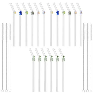 Imagem de 18 canudos reutilizáveis de vidro transparente com 6 peças de escova de limpeza, resistente ao calor, lindos canudos dobrados de flores para smoothies, chás, sucos, milkshakes, coquetéis (18 peças