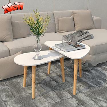 Imagem de Mesas de centro brancas elegantes para sala de estar, mesa triangular moderna e mesa oval conjunto de 2 para espaços pequenos, mesa de coquetel, mesa de chá em forma de gota com perna de madeira