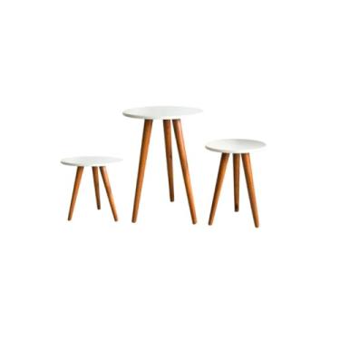 Imagem de Mesa de Canto para Sala, Mesa de Canto Sofa, Kit Trio Jogo de Mesinhas Lateral Redondas Sala Pé Palito Retro(Branco Tampo 35 e 45 cm)
