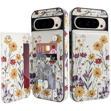 Imagem de Bizzib Capa carteira de couro para Google Pixel 9 Pro XL com suporte para cartão, fecho magnético à prova de choque capa protetora resistente para Google Pixel 9 Pro XL, creme floral