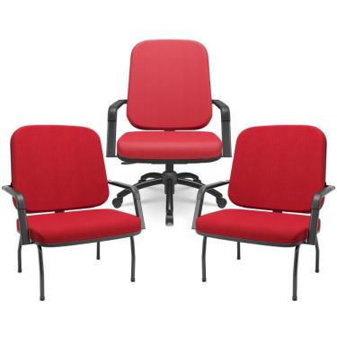 Imagem de Kit Cadeira de Escritório Giratória e 2 Cadeiras Fixas Preta Magno P03 Crepe Vermelho - Lyam Decor