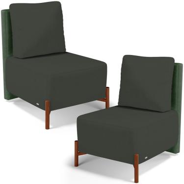 Imagem de Kit 02 Poltronas Decorativas Sala de Estar Living Pés Madeira Hungria L02 Couríssimo Verde Linho Verde Musgo - Lyam