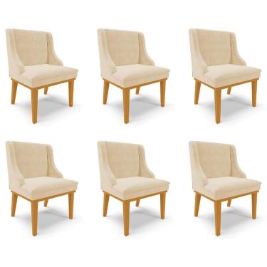 Imagem de Kit 6 Cadeiras Decorativas Sala de Jantar Base Fixa de Madeira Firenze Suede Bege/Castanho G19 - Gran Belo