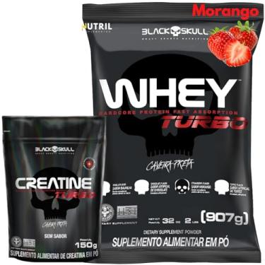 Imagem de Kit Whey Protein Turbo + Creatina Monohidratada 150g - Black Skull - Ganho de Massa Muscular - Força (Morango)