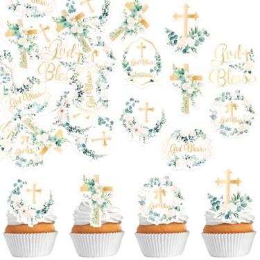 Imagem de 60 Pack Edible God Bless Religious Cupcake Toppers Cross Faith Cake Toppers Rice Paper Wafer Paper Cupcake Picks for First Holy Communion Baptism Baby Shower Kids Birthday Cake Decorations Gold