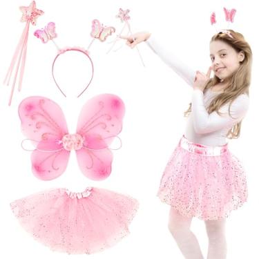 Imagem de Flahard 4 Pack Girls Fairy Wings Bulk Butterfly Wings Butterfly Angel Costume Wing with Wings, Tutu Skirt, Wand for Kids Halloween Bee Cosplay Party Dress up, Pink