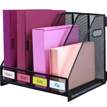Imagem de ideallife Organizador de arquivos verticais de 4 seções, organizador de arquivos de mesa, classificador de arquivos de mesa de metal de malha para escritório, sala de aula, organização de mesa