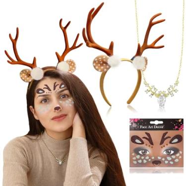 Imagem de RechicGu 3 peças de tiara de orelhas de veado de Natal, acessórios de fantasia para mulheres, adultos, chifres de rena, veado, faixa de cabeça brilhante, colar de chifre de fulvo fofo, adesivo de