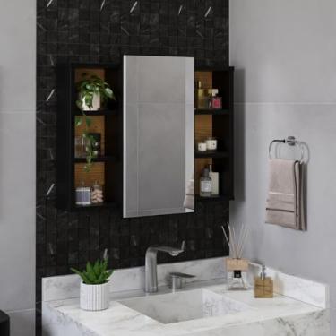 Imagem de Espelheira Armário Organizador para Banheiro com Prateleira e Nicho – Design Moderno com Acabamento Brilhante 51x60x11 cm(Preto/Nature)