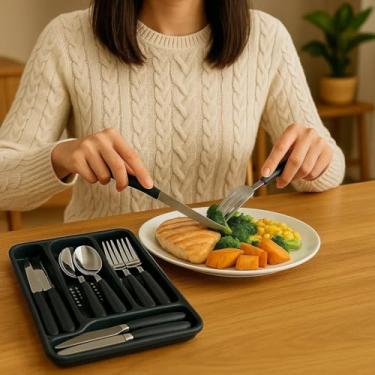 Imagem de Faqueiro Preto 25 Peças com Porta Talher Jogo de Talheres – Aço Inox, Design Moderno e Ideal para Mesa Posta Elegante