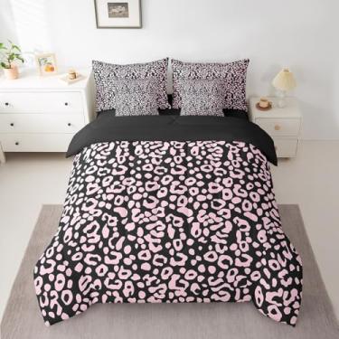 Imagem de jejeloiu Jogo de cama casal com edredom de leopardo, rosa, preto, guepardo, 7 peças, para crianças, meninos, meninas, simples, moderno, com estampa animal, em uma bolsa, respirável, microfibra macia