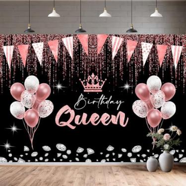 Imagem de Decoração de fundo de feliz aniversário para meninas, fundo de balão rosa preto rosa dourado com glitter, decoração de festa de feliz aniversário, coroa de rainha, adereços para cabine de fotos