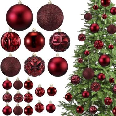 Imagem de Soulchen Conjunto de 46 bolas de Natal bordô para pendurar em árvore de Natal à prova de estilhaçamento com 6 estilos em 4 tamanhos, enfeites de plástico para decoração de festa de guirlanda de árvore