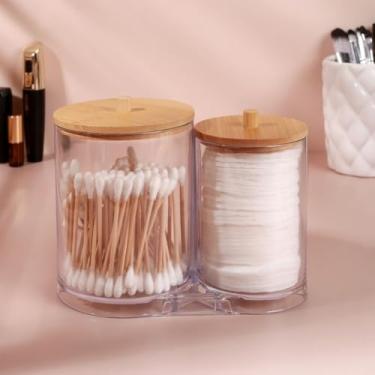 Imagem de Porta Cotonetes Duplo Em Acrílico Ou Tampa Bambu 15x15x12cm Organizador de Algodão Super Resistente (TAMPA BAMBU)