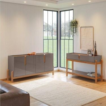 Imagem de Buffet 170cm e Aparador 2 Gavetas com Pés de Madeira Maciça Lizz Cinza Perola / Cedro