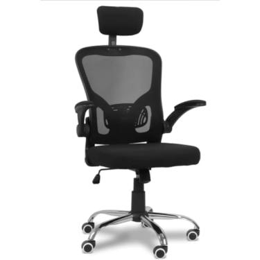 Imagem de Cadeira Presidente Ergonômica de Escritório, Malha e Tecido Preto, Encosto Alto com Apoio de Cabeça, Braços Ajustáveis, Base Cromada com Rodízios, 119cm Altura